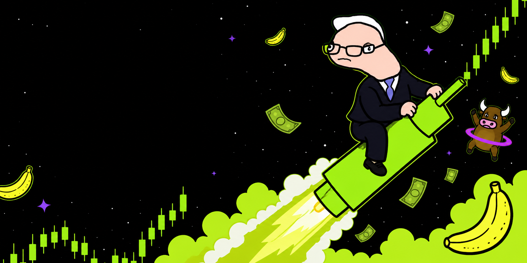 Parody investor riding a green candlestick rocket through space