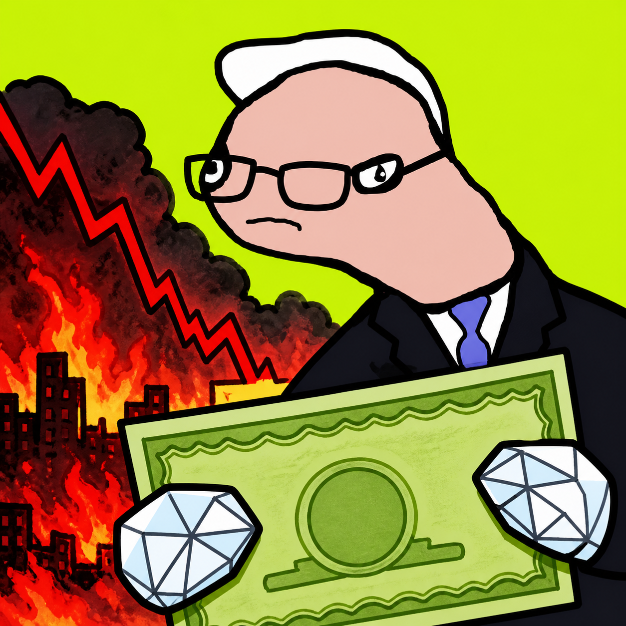 Calm parody investor holding a stock certificate during a market crash