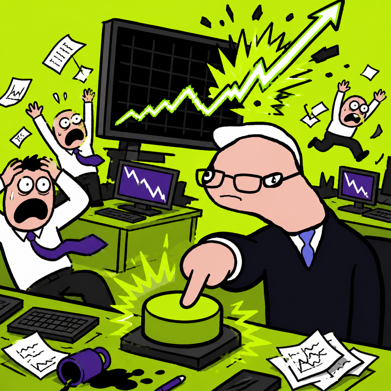 Parody investor pressing a green button in a chaotic trading room